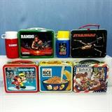 1970-80s Lunch Boxes with Star Wars and Rambo with THermos, Disney World on Ice/ Wonderful World, Kellogs Roce Krispies/ Frosted Flakes, Back in '76 Bicentennial and "The Black Hole" Move Theme (Not Pictured)
