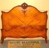Satinwood Diagonal matched Veneer Headboard and Footboard with Acanthus Scroll Feet, Floral Applied Drop Accents and Fancy Rose Crest - tag on Back "House Beautiful Indianapolis