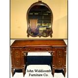 John Widdicomb Furniture Co.  Grand Rapids, MichiganJohn WIddicomb Matched Walmut Veneer Bedroom Suite with Beaded Base Trim, Acanthus Accents Raised on Adams/ Sheraton Style Legs - Vanity/ Desk with Draper Framed Mirror