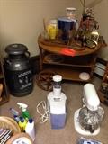 Antique milk can, small appliances, CD's, baskets. Hostess Cart.
