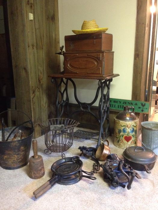 Antique sewing machine, and iron ware.