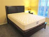 QUEEN BEDROOM SET INCL. HEADBOARD/FOOTBOARD FRAME, NIGHTSTAND, TRIPLE DRESSER
Expresso Brown with Black faux leather accents.