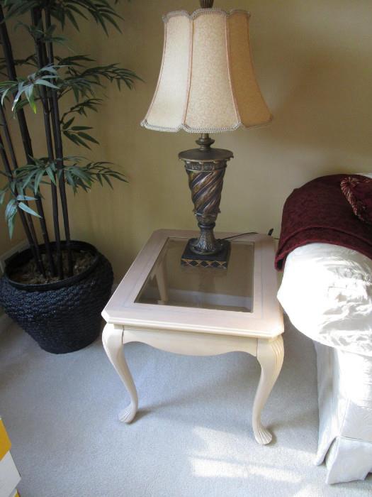 ONE OF PAIR END TABLES AND LAMP