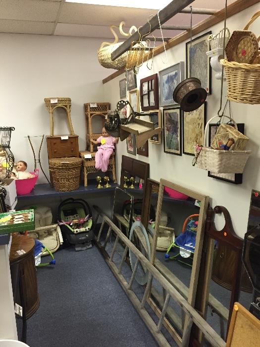 Wicker baskets & tables.  Wall mirrors.  Baby carseat, etc.  Knives.  