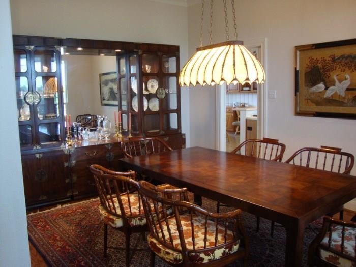 Fabulous Dining Room Set by Henredon, Table, Leaves, Pads, and 8 Chairs, Large, Lighted China Cabinet with Carved Brass Trim.  Excellent Quality