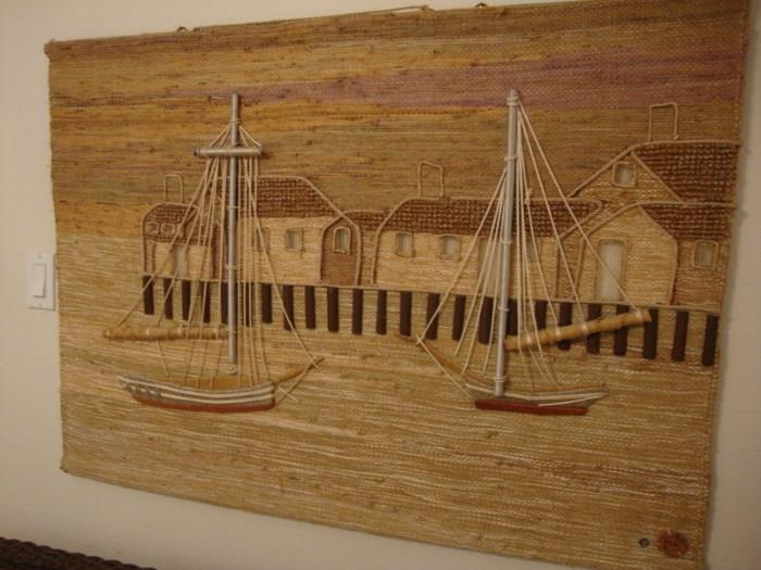 Hand Made Artist Signed Fabric Wall Sculpture of Sailing Boats