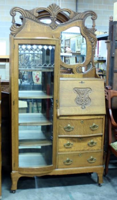 Ornate Mirrored Antique Secretary / Curved Glass Curio Cabinet on Wheels 75"H x 38"W x 12"D   http://bid.auctionbymayo.com/view-auctions/catalog/id/7786/lot/1040277/?url=%2Fview-auctions%2Fcatalog%2Fid%2F7786%2F