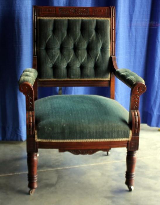 Victorian Walnut Chair, Carved Back, Tufted, Some Cosmetic Marks, Wheels, Matches Settee in Lot #17     http://bid.auctionbymayo.com/view-auctions/catalog/id/7786/lot/1040291/?url=%2Fview-auctions%2Fcatalog%2Fid%2F7786%2F