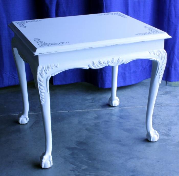 Oak Lane Curved Leg / Claw and Ball Footed End Table, 22 x 27 x 24"H, Circa 1980's, Painted White  http://bid.auctionbymayo.com/view-auctions/catalog/id/7786/lot/1040295/?url=%2Fview-auctions%2Fcatalog%2Fid%2F7786%2F