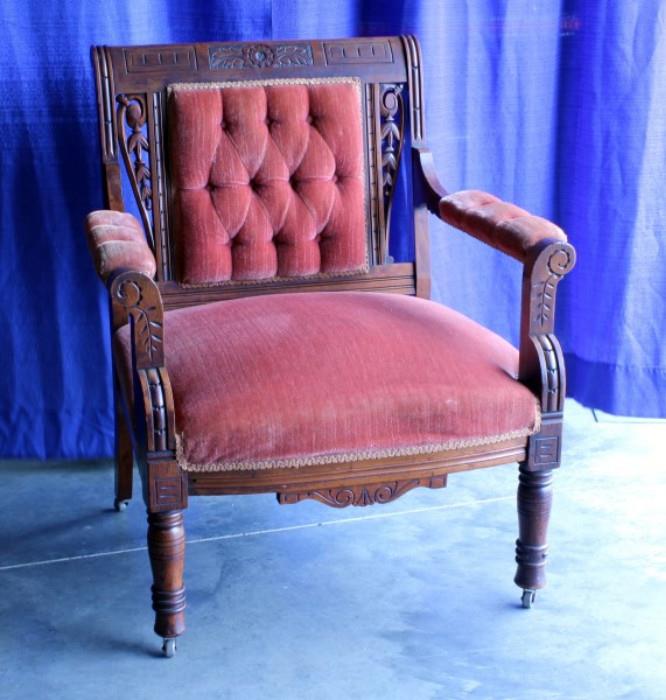 Victorian Walnut Chair, Carved Back, Tufted, Some Cosmetic Marks, Wheels, Wide 26" Seat  http://bid.auctionbymayo.com/view-auctions/catalog/id/7786/lot/1040292/?url=%2Fview-auctions%2Fcatalog%2Fid%2F7786%2F