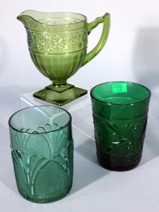Green Depression Glass Assortment Includes Cake Plate, Bowls, Glasses, More! Qty 11 Pieces    http://bid.auctionbymayo.com/view-auctions/catalog/id/7786/lot/1040374/?url=%2Fview-auctions%2Fcatalog%2Fid%2F7786%2F%3Fpage%3D1%26items%3D100