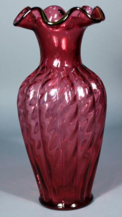 Fenton 11.25" Cranberry Scalloped Edge Ribbed Vase   http://bid.auctionbymayo.com/view-auctions/catalog/id/7786/lot/1040376/?url=%2Fview-auctions%2Fcatalog%2Fid%2F7786%2F%3Fpage%3D1%26items%3D100
