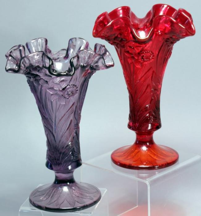 Fenton Purple and Red Glass Flower Vases, Both 7.5"H - Qty 2                    http://bid.auctionbymayo.com/view-auctions/catalog/id/7786/lot/1040403/?url=%2Fview-auctions%2Fcatalog%2Fid%2F7786%2F%3Fpage%3D2%26items%3D100