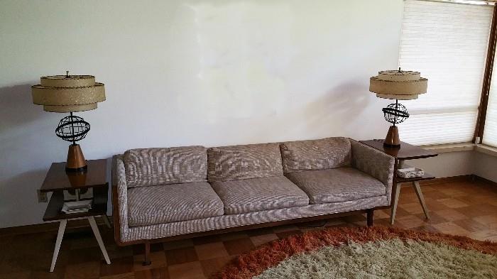 Pair of Century 21 globe lamps, MCM end tables and an MCM sofa