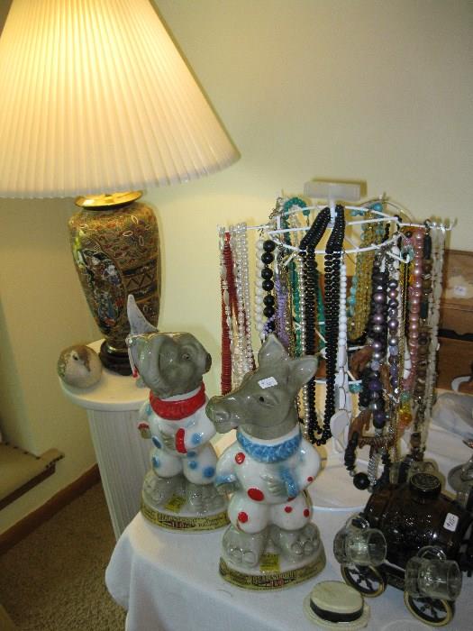Satsuma lamp, Jewelry and Jim Beam collector jugs