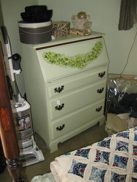 Handpainted desk and dresser, Cathedtral quilt, vacuum, hat boxes.
