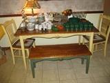 table, 2 chairs and bench.  Repo lamp and various china