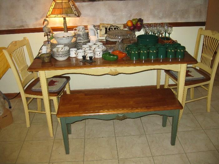 table, 2 chairs and bench.  Repo lamp and various china