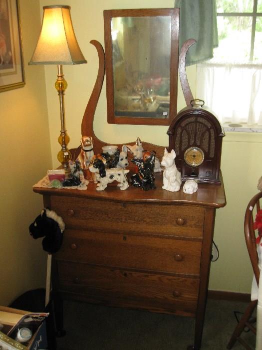 Another nice oak dresser with mirror.  Collection of dog planters and old radio