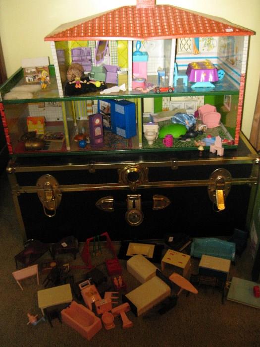 metal doll house and accessories.  Trunk