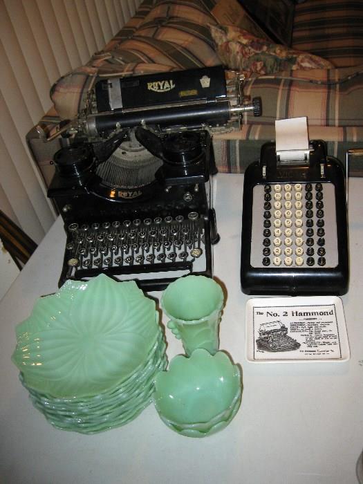 Old Royal typewriter, adding machine and lotus jadite dishes.