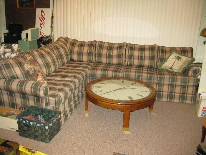 Green plaid sectional sofa, good shape