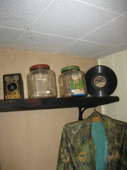 Large stenciled jars.