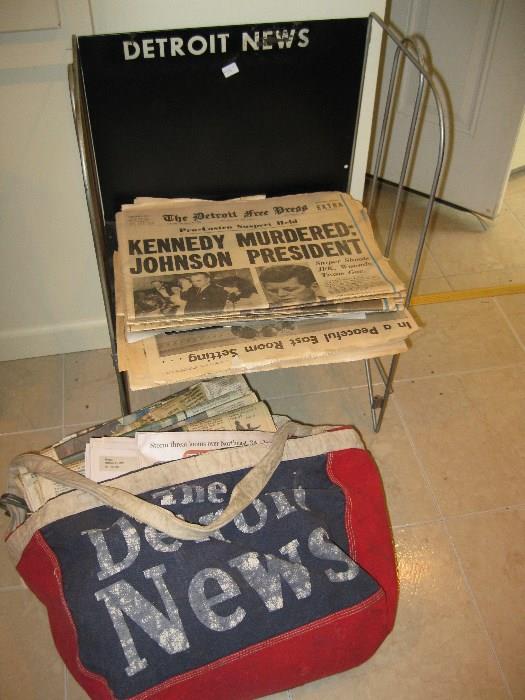 Detroit news bag and paper stand, old newpapers