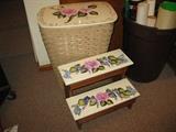 hand painted steps and hamper,  many old car posters