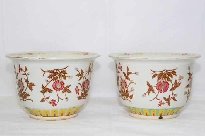  Pair Of Republic Chinese Famille Rose Flower Pots