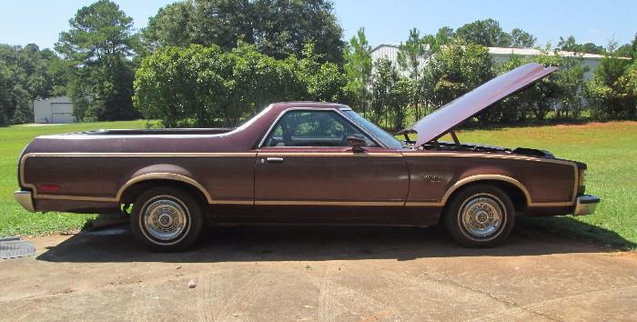 1979 Ford Ranchero Squire - 95,280 mi. Runs, needs battery, AC works (needs freon), leather seats, manual windows & seats.  We are accepting bids on this item starting @ $3500. through August 22, 2015.