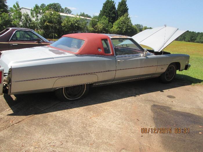 1974 Cadillac Eldorado, 500 cu, Runs, needs battery, leather seats, power windows/seats, A/C not working, AM/FM radio not working.  We are accepting bids on this car through Saturday, August 22, 2015 @ 2:00 pm starting @ $400. 