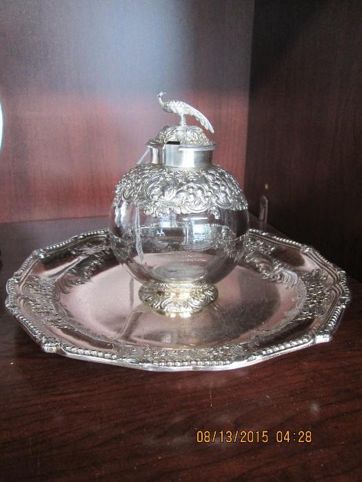Exquisite jam jar with tray with bird finial, silver with English hallmarks