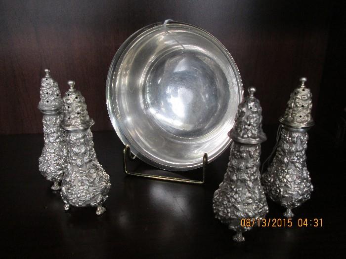 Sterling Repousse shakers, Sterling Revere bowl