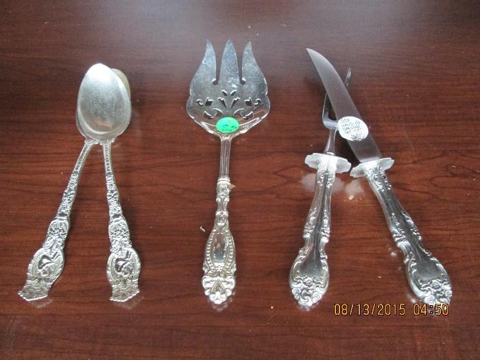 Sterling serving spoons & fork, sterling handled carving set