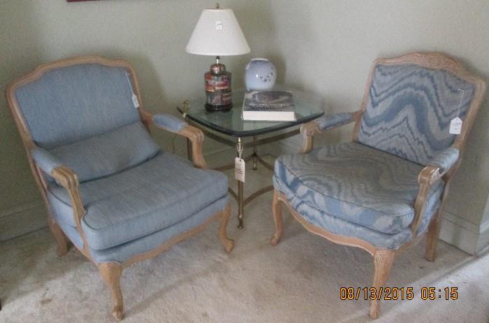 French style arm chairs, brass/glass end table
