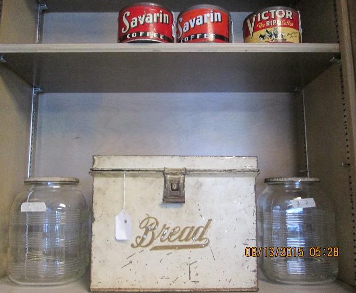 Antique galvanized bread box, glass storage jars, coffee tins