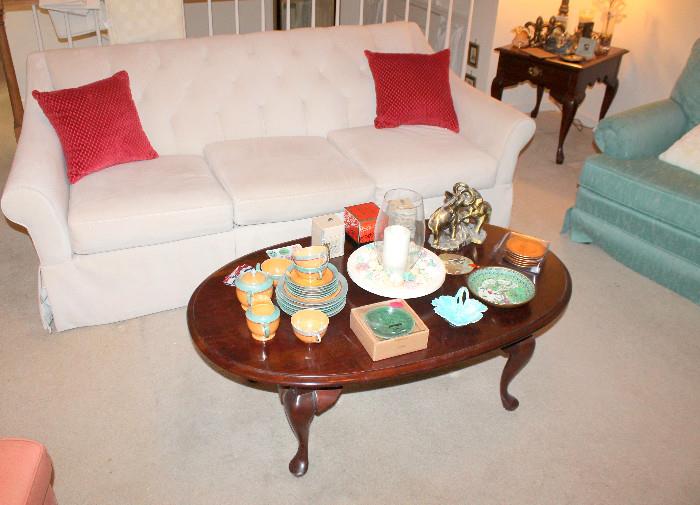 Haverty's microfiber sofa and cherry coffee table 