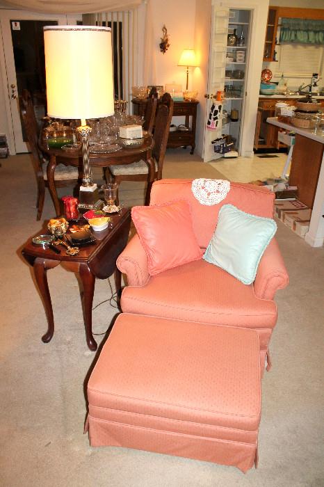 Upholstered chair and ottoman (end table and lamp sold)