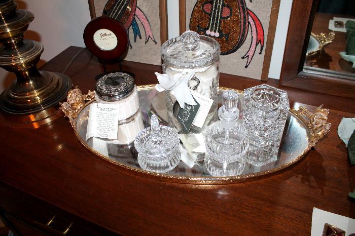 Vanity mirror tray, Waterford ring holder and perfume bottle, and other crystal pieces