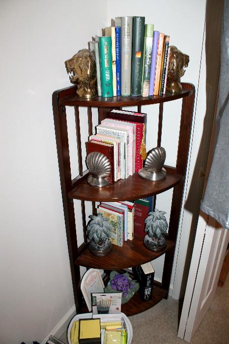 Corner shelf with books and bookends