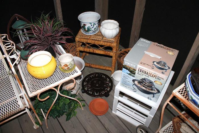 Outdoor tables, flowerpots, fountain, and more! (some items may be sold)
