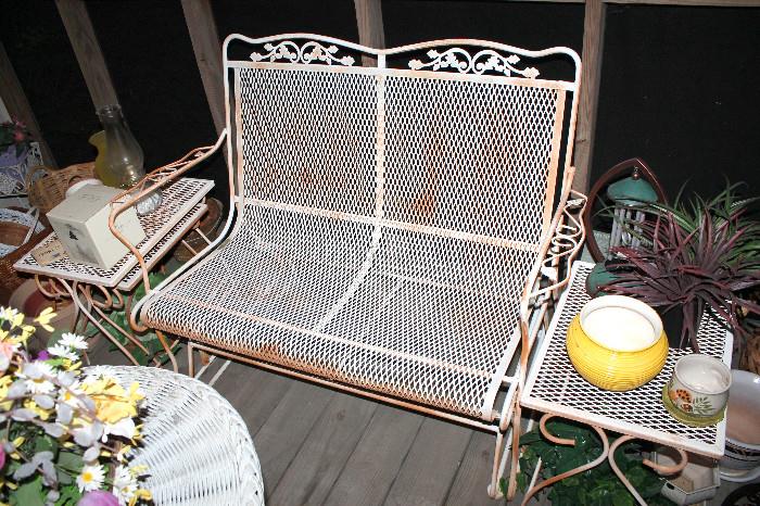 Outdoor metal glider bench and tables  
