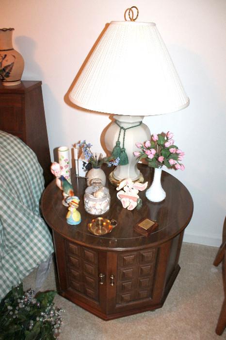 End table, lamp, pottery, and figurines (some items may be sold)