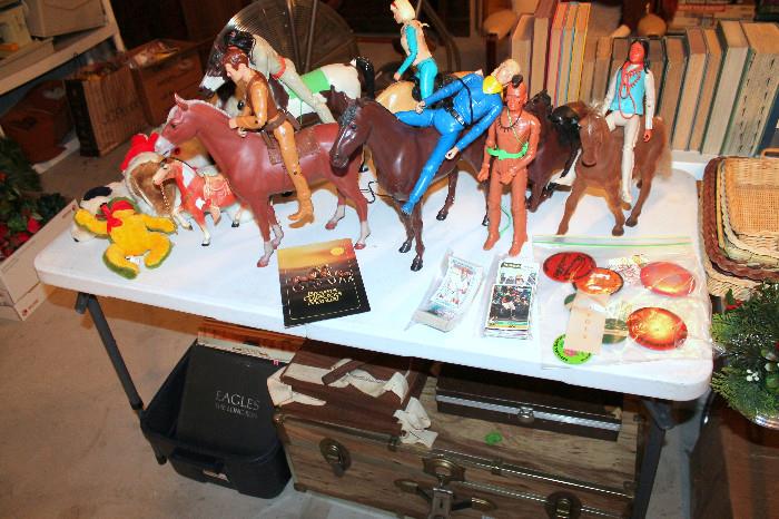 Vintage toy horses and action figures, trunk, and records (some items may be sold)
