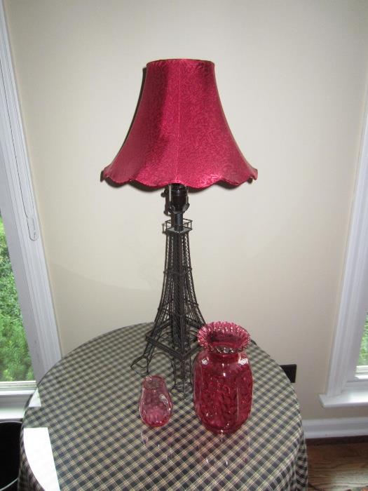 thumbprint fluted cranberry glass, eiffel tower lamp