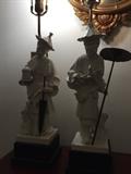Pair of large vintage chinoiserie, white porcelain, figural lamps on pedestal by Chapman