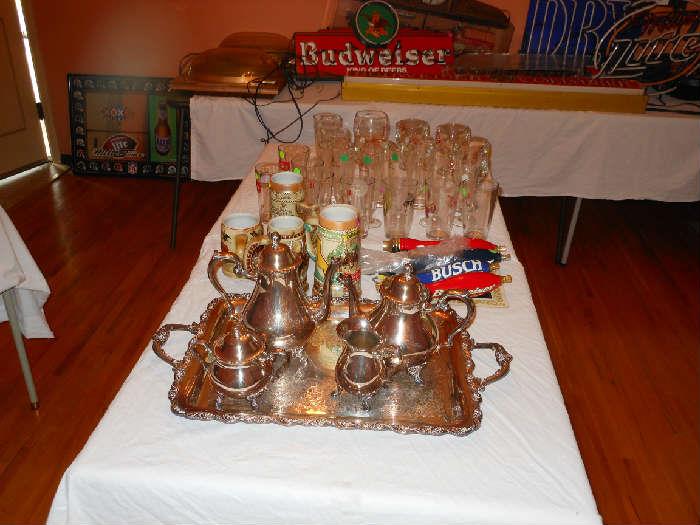 silverplate  tea  set   and  beer  items