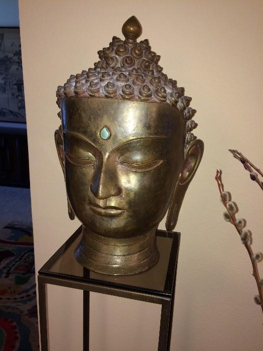 ORIENTAL BRONZE HEAD OF BUDDAH 20TH C. SIGNED IN CHARACTER MARKS AT BACK BASE OF NECK