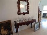 Mahogany table w/crystal & cut glass decanters and clocks